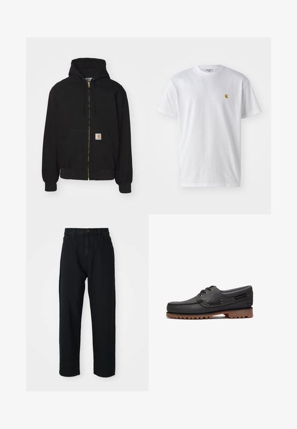 Schwarze Zip-Hoodie aus Baumwollmischung. Mit einem goldenen Reißverschluss, Kordelzugkapuze, Eingrifftasche und einem kleinen Logoetikett auf der Vorderseite.; Weißes Baumwoll-T-Shirt mit kurzen Ärmeln, Rundhalsausschnitt, mit einem kleinen goldenen Logo im linken Brustbereich. Weicher Stoff und normale Passform.; Schwarze Jeans mit geradem Schnitt. Verfügt über ein klassisches Fünf-Taschen-Design, Knopfverschluss und subtile Stofftextur.; Schwarzes Bootsschuh aus Leder mit Schnürdetails, rundem Zehenbereich, strukturierter brauner Gummisohle und genähten Lederseiten.