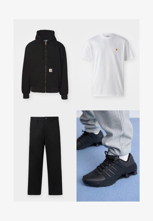 Hoodie zippé noir en mélange de coton. Présente une fermeture éclair dorée, une capuche avec cordon de serrage, une poche kangourou et une petite étiquette logo sur le devant.; T-shirt en coton blanc à manches courtes, col rond, avec un petit logo doré sur la poitrine gauche. Texture douce et coupe régulière.; Pantalon en coton noir coupe droite, avec une taille standard, des passants de ceinture et une fermeture à un bouton. Texture lisse, sans motifs.; Personne portant des baskets Nike Shox noires et un pantalon de survêtement gris, debout sur un tapis bleu clair.