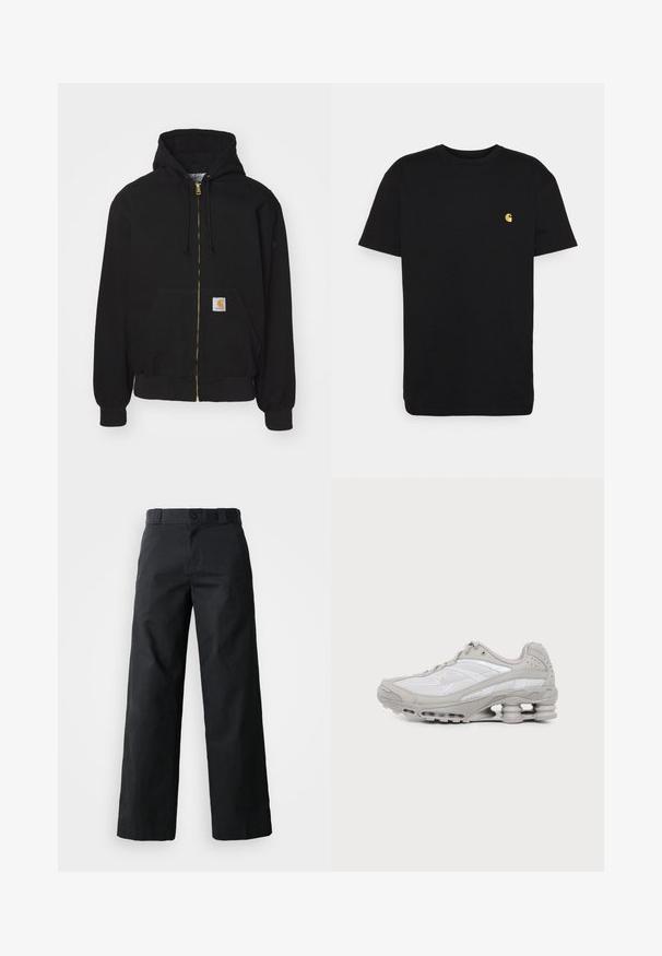 Schwarze Zip-Hoodie aus Baumwollmischung. Mit einem goldenen Reißverschluss, Kordelzugkapuze, Eingrifftasche und einem kleinen Logoetikett auf der Vorderseite.; Schwarzes Baumwoll-T-Shirt mit kurzen Ärmeln, Rundhalsausschnitt und einem kleinen gelben Logo im linken Brustbereich. Einfaches Design und normale Passform.; Schwarze weit geschnittene Baumwollhose. Verfügt über einen Knopfverschluss, Gürtelschlaufen und Seitentaschen. Glatte Textur mit tailliertem Schnitt.; Grauer und weißer Sportschuh mit Mesh-Einsätzen, Schnürdesign und einer einzigartigen federähnlichen Sohle für Dämpfung und Unterstützung.