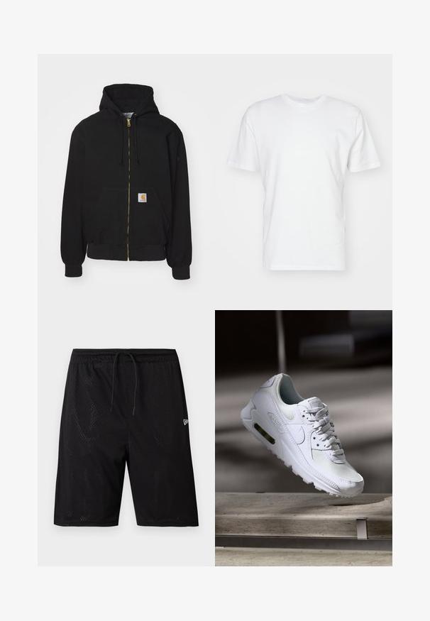 Zwarte zip-up hoodie gemaakt van een katoenmix. Kenmerkt zich door een gouden rits, een capuchon met trekkoord, een buidelzak en een klein logo-label aan de voorkant.; Witte katoenen T-shirt met korte mouwen, ronde halslijn en een gladde textuur. Eenvoudig ontwerp zonder patronen of afbeeldingen.; Zwarte mesh sportshorts met een trekkoord in de taille, voorzien van een geperforeerde textuur en een klein wit logo aan de onderzijde rechts.; Witte Nike Air Max 90 sneaker met een bovenwerk van mesh en leer, een geperforeerde teenbox en een zichtbare luchtunit in de hiel.
