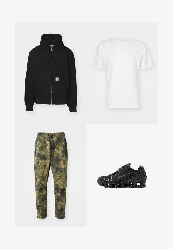 Schwarze Zip-Hoodie aus Baumwollmischung. Mit einem goldenen Reißverschluss, Kordelzugkapuze, Eingrifftasche und einem kleinen Logoetikett auf der Vorderseite.; Weißes Baumwoll-T-Shirt mit kurzen Ärmeln, Rundhalsausschnitt und glatter Textur. Einfaches Design ohne Muster oder Grafiken.; Tarnhosen in verschiedenen Grüntönen mit einem digitalen Muster. Sie verfügen über einen elastischen Bund, einen Kordelzug und seitliche, mit Reißverschluss ausgestattete Taschen.; Schwarze Sportschuhe aus Mesh- und synthetischen Materialien mit einem markanten wellenförmigen Design, schwarzer Gummisohle und reflektierenden Akzenten.