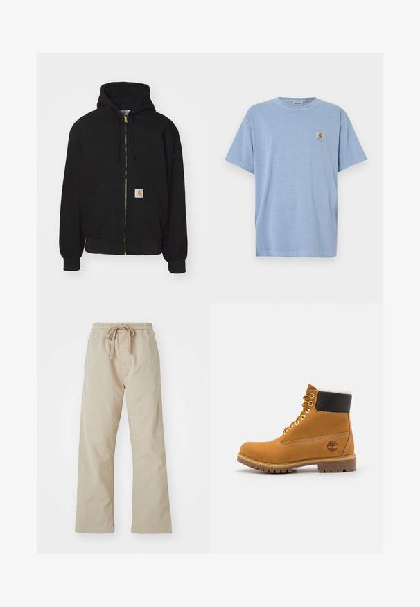Schwarze Zip-Hoodie aus Baumwollmischung. Mit einem goldenen Reißverschluss, Kordelzugkapuze, Eingrifftasche und einem kleinen Logoetikett auf der Vorderseite.; Hellblaues Baumwoll-T-Shirt mit kurzen Ärmeln, Rundhalsausschnitt und einem kleinen quadratischen Logoetikett mit einem stilisierten Buchstaben "C" auf der Brust.; Beige Baumwollhose mit elastischem Bund und Kordelzug. Gerade Beinform, glatte Textur und keine sichtbaren Muster oder Akzente.; Braune Leder-Ankle-Boots mit Metallösen, weißem Kunstfellfutter, schwarzem gepolstertem Kragen, robustem Sohlenprofil und geprägtem Logo an der Seite.