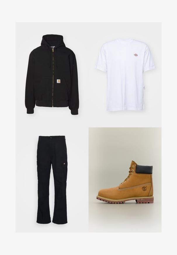 Schwarze Zip-Hoodie aus Baumwollmischung. Mit einem goldenen Reißverschluss, Kordelzugkapuze, Eingrifftasche und einem kleinen Logoetikett auf der Vorderseite.; Weißes Baumwoll-T-Shirt mit V-Ausschnitt und kurzen Ärmeln. Besitzt ein kleines, buntes, gesticktes Logo auf der linken Brustseite. Weiches Material.; Schwarze Cargo-Hose mit geradem Bein, aus strapazierfähigem Stoff gefertigt, mit Seitentaschen und einem aufgenähten Logo auf der linken Seite.; Brauner Leder-Stiefelette mit schwarzem Kragen, gelben Schnürsenkeln und hellbrauner Sohle. Verfügt über ein Logo und weiße Ziernähe. Robuste Profilsohle.