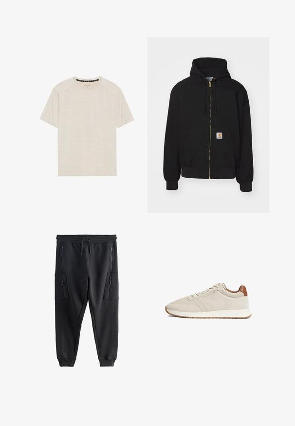 Schwarze Zip-Hoodie aus Baumwollmischung. Mit einem goldenen Reißverschluss, Kordelzugkapuze, Eingrifftasche und einem kleinen Logoetikett auf der Vorderseite.; Helles beige T-Shirt mit kurzen Ärmeln aus strukturiertem Stoff, das einen runden Ausschnitt und Raglanärmel aufweist. Dezentes horizontales Streifenmuster.; Schwarze Jogginghose mit elastischem Bund, Kordelzug, gerippten Bündchen und vier Reißverschlusstaschen vorne und an den Seiten.; Hellbeiger Tommy Hilfiger Sneaker mit weißer Sohle, braunen Fersendetails, Schnürverschluss und dezentem Logo auf der Seitenblende.