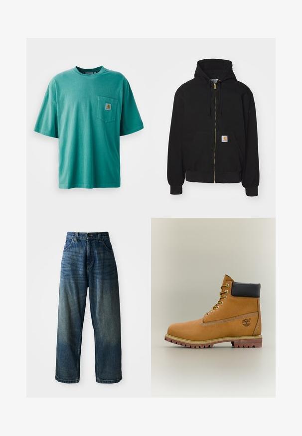 Schwarze Zip-Hoodie aus Baumwollmischung. Mit einem goldenen Reißverschluss, Kordelzugkapuze, Eingrifftasche und einem kleinen Logoetikett auf der Vorderseite.; Grünes Baumwoll-T-Shirt mit Rundhalsausschnitt, kurzen Ärmeln und einer vorderen Tasche mit Logopatch. Weicher Stoff und lockere Passform.; Weite blaue Denim-Jeans mit einem verwaschenen Finish. Verfügt über fünf Taschen, einen Knopfverschluss und kontrastierende Nähte. Schwergewichtiges Material.; Brauner Leder-Stiefelette mit schwarzem Kragen, gelben Schnürsenkeln und hellbrauner Sohle. Verfügt über ein Logo und weiße Ziernähe. Robuste Profilsohle.
