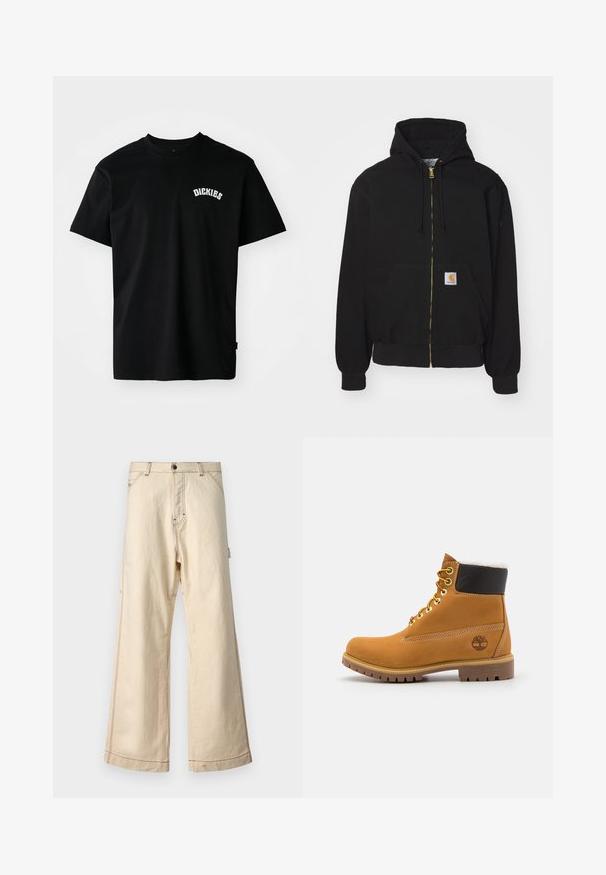 Zwarte zip-up hoodie gemaakt van een katoenmix. Kenmerkt zich door een gouden rits, een capuchon met trekkoord, een buidelzak en een klein logo-label aan de voorkant.; Zwarte katoenen T-shirt met korte mouwen en een ronde hals. Heeft een witte gebogen logo "DICKIES" op de borst. Eenvoudig ontwerp, geen patronen.; Beige wijde broek van katoen met een rits- en knoopsluiting, voorzien van contrasterende stiksels en zijzakken.; Bruine leren enkellaars met metalen oogjes, witte faux bont voering, zwarte gewatteerde kraag, robuuste zool en een reliëflogo aan de zijkant.