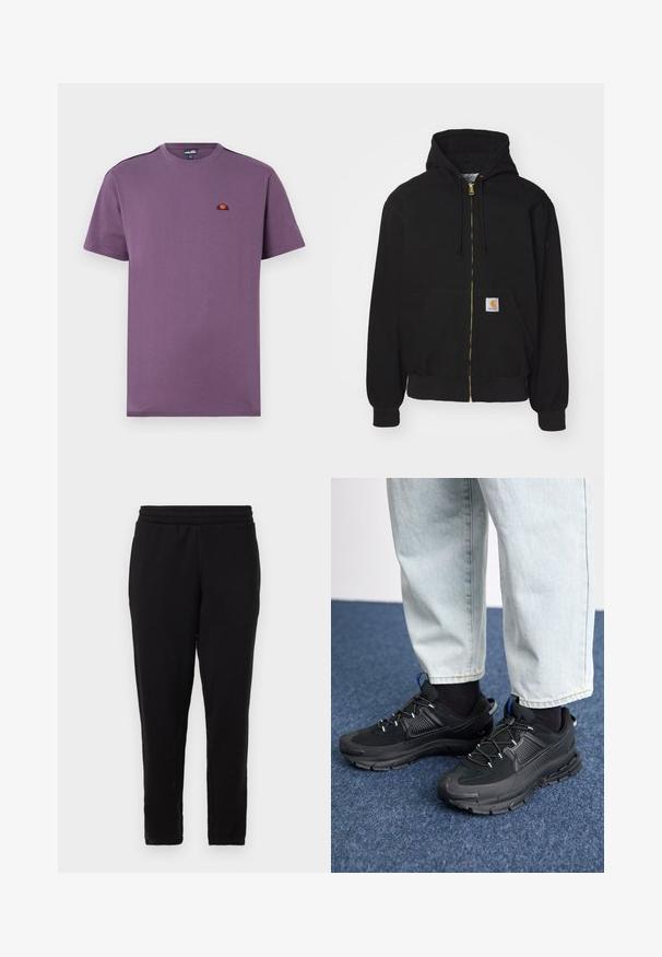 Zwarte zip-up hoodie gemaakt van een katoenmix. Kenmerkt zich door een gouden rits, een capuchon met trekkoord, een buidelzak en een klein logo-label aan de voorkant.; Paarse katoenen T-shirt met een ronde hals en korte mouwen. Heeft een klein geborduurd logo op de borst en een solide textuur.; Zwarte joggers met een rechte snit, elastische tailleband en een zachte textuur. Geen zichtbare patronen of hardware. Eenvoudig ontwerp.; Zwarte sportschoenen met gestructureerde stof en rubberen zolen, met elastische veters en een blauwe accent op de hiel. Draag samen met lichte spijkerbroeken.