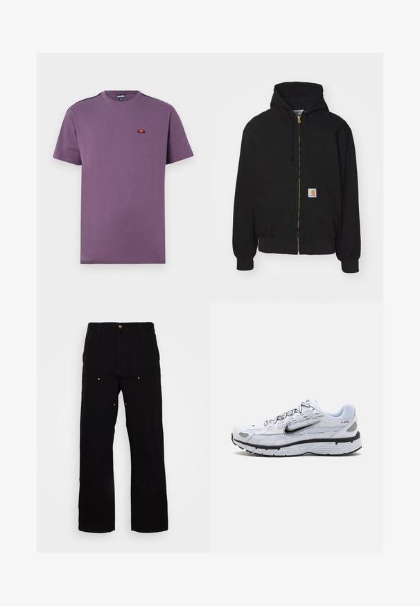 Sort zip-hoodie lavet af bomuldsblanding. Har en gylden lynlås, snoretræk til hætten, kængurulomme og et lille logo-mærke foran.; Lilla bomulds T-shirt med rund halsudskæring og korte ærmer. Har et lille broderet logo på brystet og ensartet tekstur.; Sorte denimbukser med lige ben, udstyret med guld hardware-detaljer og synlige syninger på for- og baglommer.; Hvide løbesko med mesh-overdel, rund tå, sorte accenter og mønstret sål. Har snøring og branding på siden.