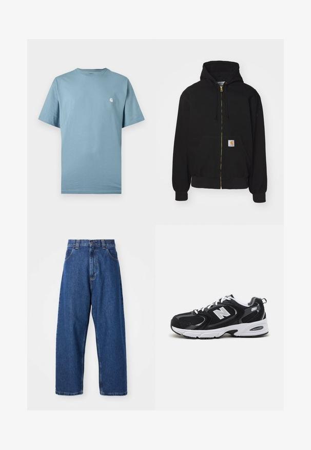 Sudadera con cremallera negra hecha de mezcla de algodón. Cuenta con una cremallera dorada, capucha con cordón, bolsillo tipo canguro y una pequeña etiqueta de logo en la parte frontal.; Camiseta azul claro de manga corta con cuello redondo y un pequeño logo blanco en el pecho izquierdo, mostrada sobre un fondo liso.; Jeans de pierna ancha de denim en azul oscuro. Presentan una cintura alta, trabillas para cinturón y un diseño clásico de cinco bolsillos. Bajo cosido con un acabado limpio.; Zapatillas deportivas en negro y gris con parte superior de malla y ante, que cuentan con una entresuela blanca, cordones y un llamativo logo "N" en el lateral.