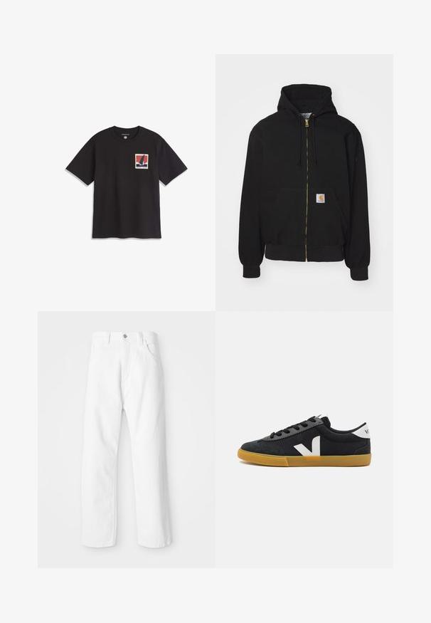 Hoodie zippé noir en mélange de coton. Présente une fermeture éclair dorée, une capuche avec cordon de serrage, une poche kangourou et une petite étiquette logo sur le devant.; T-shirt noir à manches courtes avec col rond et un petit graphique carré d'un voilier sur l'eau contre un ciel rouge sur le côté gauche de la poitrine.; Pantalon en denim blanc avec une coupe droite, présentant une fermeture à bouton et glissière à l'avant, cinq poches et une finition lisse et texturée.; Baskets noires en toile avec une coque en daim, logo blanc, lacets noirs et semelle en caoutchouc beige. Design minimaliste et silhouette basse.