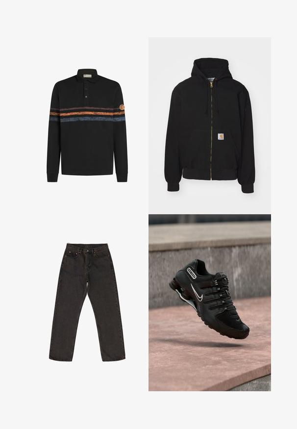 Sort zip-hoodie lavet af bomuldsblanding. Har en gylden lynlås, snoretræk til hætten, kængurulomme og et lille logo-mærke foran.; Sort langærmet polo-shirt med et struktureret horisontalt stribemønster i orange og blå, med et logo-patch på venstre ærme.; Mørkegrå denim jeans med en løs pasform, der har et fem-lomme design, synlige syninger og en knaplukning i taljen.; Sort Nike Shox løbesko med hvid swoosh-logo, midt i luften over en rosa betonoverflade mod en grå stenmur som baggrund.