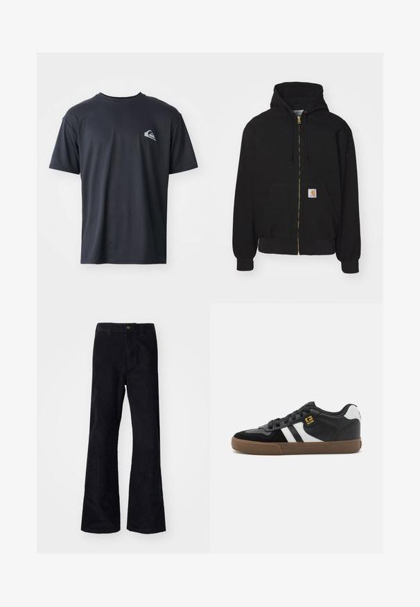 Schwarze Zip-Hoodie aus Baumwollmischung. Mit einem goldenen Reißverschluss, Kordelzugkapuze, Eingrifftasche und einem kleinen Logoetikett auf der Vorderseite.; Schwarzes T-Shirt mit kurzen Ärmeln aus einem glatten Stoff, mit einem kleinen weißen Logo auf der linken Brustseite. Reguläre Passform mit Rundhalsausschnitt.; Schwarze, baumwollene Schlaghose mit traditionellem Bund, einem einzelnen vorderen Knopf und Taschen an den Seiten und hinten. Glatte Textur.; Schwarz-weiße Sneakers mit einem Obermaterial aus Wildleder und Leder, ausgestattet mit weißen Streifen, schwarzen Schnürsenkeln und einer braunen Gummisohle. Mit goldenen Logo-Akzenten.
