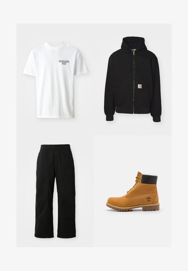 Zwarte zip-up hoodie gemaakt van een katoenmix. Kenmerkt zich door een gouden rits, een capuchon met trekkoord, een buidelzak en een klein logo-label aan de voorkant.; Witte katoenen t-shirt met een ronde halslijn. Voorzien van een klein blauw tekstlogo "CARHARTT WIP" op de linker borst. Classic fit, korte mouwen.; Zwarte katoenen broek met een elastische tailleband, wijd gesneden ontwerp en grote zijzakken. De stof lijkt zacht met een gladde textuur.; Bruine leren enkellaars met metalen oogjes, witte faux bont voering, zwarte gewatteerde kraag, robuuste zool en een reliëflogo aan de zijkant.