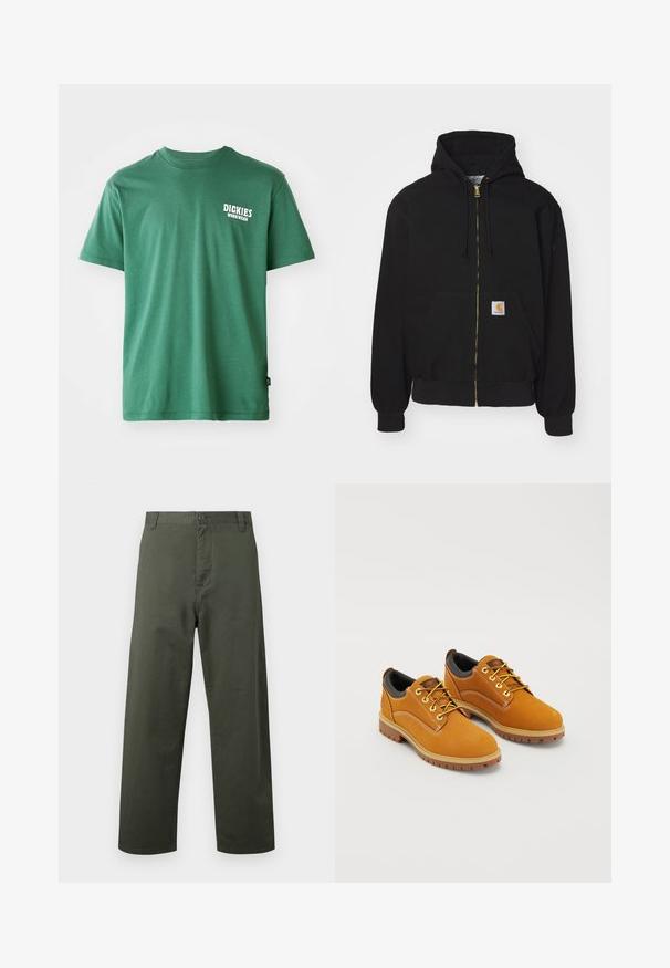 Čierna mikina na zips vyrobená z bavlneného zmesi. Obsahuje zlatý zips, kapucňu so šnúrkou, vrecko na prednej strane a malé logo na prednej strane.; Zelené bavlnené tričko s okrúhlym výstrihom, krátkymi rukávmi a bielym logom na ľavej hrudi. Hladká textúra a voľný strih.; Zelené bavlnené nohavice so strihom do rovna, predným zapínaním na gombík a bočnými vreckami. Hladká textúra, jednoduchý štýl a žiadne viditeľné vzory.; Hnedé semišové topánky s okrúhlou špičkou, žltými šnúrkami, polstrovaným čiernym golierom a gumovou podrážkou s trakčnými drážkami.