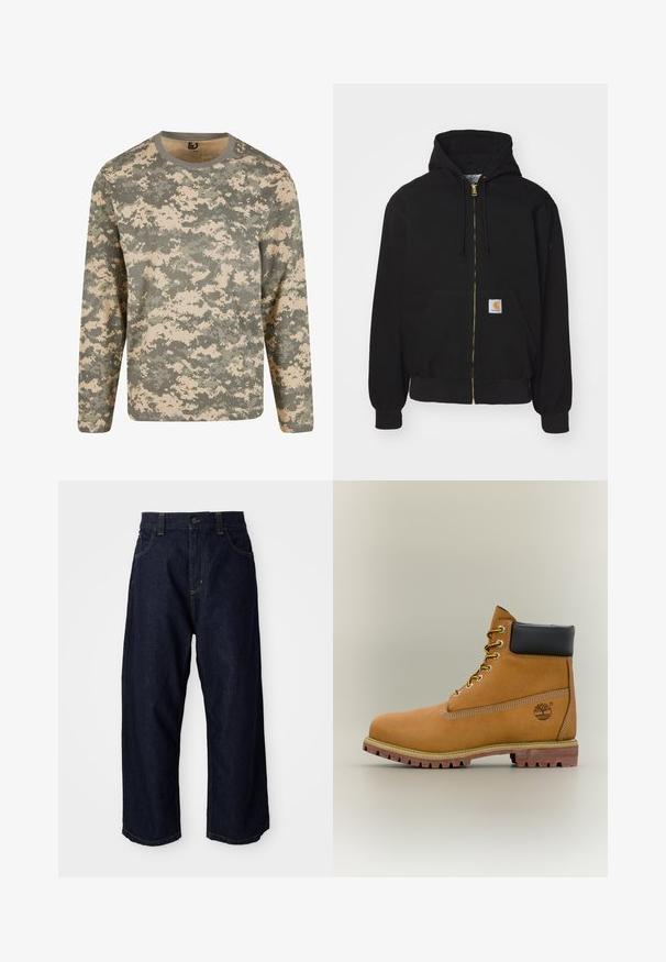 Zwarte zip-up hoodie gemaakt van een katoenmix. Kenmerkt zich door een gouden rits, een capuchon met trekkoord, een buidelzak en een klein logo-label aan de voorkant.; Langermig shirt in een digitaal camouflagemodel met tinten groen en beige, met een ronde halslijn en een zachte textuur.; Donkerblauwe denim broek met een comfortabele pasvorm, voorzien van een knoopsluiting, riemlussen en gele stiksels op de zakken en naden.; Bruine leren enkellaars met zwarte kraag, gele veters en een zandkleurige zool. Voorzien van een logo en witte stikseldetails. Robuuste loopzool met grip.