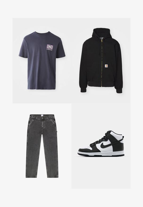 Schwarze Zip-Hoodie aus Baumwollmischung. Mit einem goldenen Reißverschluss, Kordelzugkapuze, Eingrifftasche und einem kleinen Logoetikett auf der Vorderseite.; Marineblaue Baumwoll-T-Shirt mit Rundhalsausschnitt und kurzen Ärmeln. Mit einem geometrischen Grafikdruck in Lila und Weiß auf der linken Brust.; Schwarze, gerade geschnittene Jeans mit Vorderentaschen, Gürtelschlaufen und Knopfverschluss, am Bund mit dem Etikett von Lee versehen.; Schwarz-weißer High-Top-Sneaker mit Lederobermaterial, perforiertem Zehenbereich, auffälligem Swoosh-Logo und strukturiertem Gummisohle.