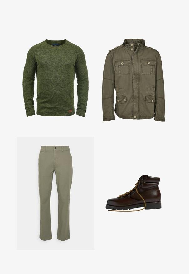 Chaqueta verde oliva hecha de una mezcla de algodón, con un alto cuello, cuatro bolsillos frontales, cierres de botón y epaulettes en los hombros.; Suéter verde hecho de tejido de punto texturizado, con cuello redondo, mangas largas y un pequeño parche de logo marrón en la parte inferior delantera.; Pantalones verde oliva con diseño de pierna recta, hechos de una mezcla de algodón. Presentan bolsillos frontales y un cierre de un solo botón.; Botas de senderismo de cuero marrón con punta redondeada, superficie texturizada, cordones amarillos y ojales de metal. Cuentan con una suela de goma negra resistente.