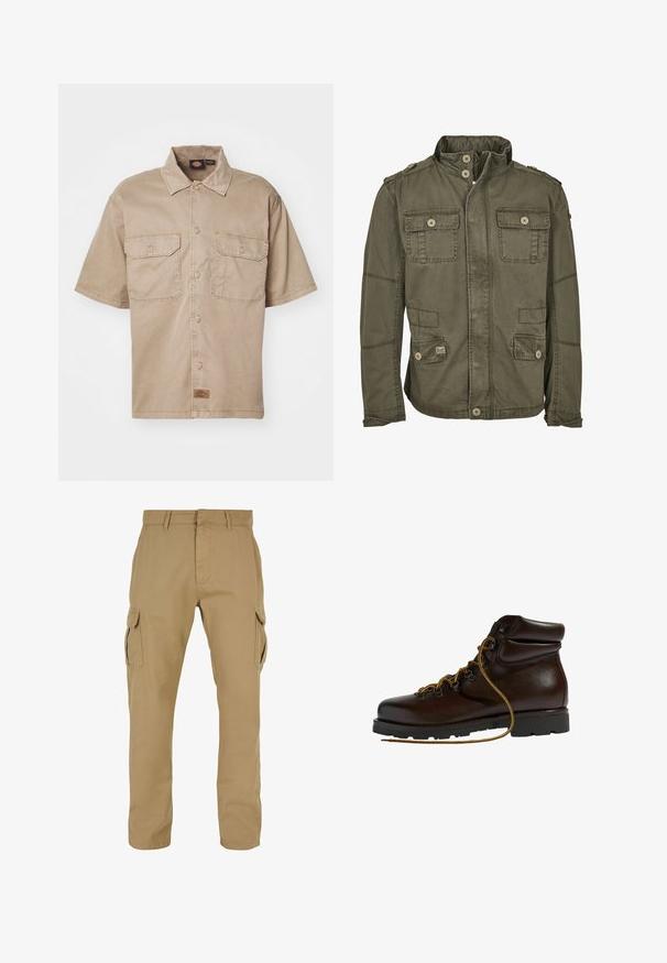 Olijfgroene jas van katoenmix, met een hoge kraag, vier voorzakken, knoopsluitingen en schouderepauletten.; Korte mouw, beige shirt van katoen met een knoopsluiting aan de voorkant, twee borstzakken en een klein merklabel aan de onderkant.; Beige cargobroek met twee zijzakken, rechte pijpdesign, gemaakt van duurzaam materiaal, met stikseldetails en riemlussen.; Bruine leren wandelschoen met een ronde neus, gestructureerd oppervlak, gele veters en metalen oogjes. Heeft een robuuste zwarte rubberen zool.