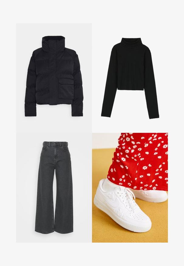 Zwarte pufferjack met een hoge halslijn, cropped ontwerp, lange mouwen en een voorzak. Gemaakt van glad, geïsoleerd materiaal.; Even&Odd by Zalando Longsleeve - black; High-waisted, wijde jeans van donkergrijze denim. Klassiek ontwerp met een rechte pasvorm, voorzien van riemlussen en voorkruiden.; Witte leren sneakers met bloemige reliëfaccenten, ronde neus en een gestructureerde rubberen zool. In combinatie met rode broek met witte bloemenprint.