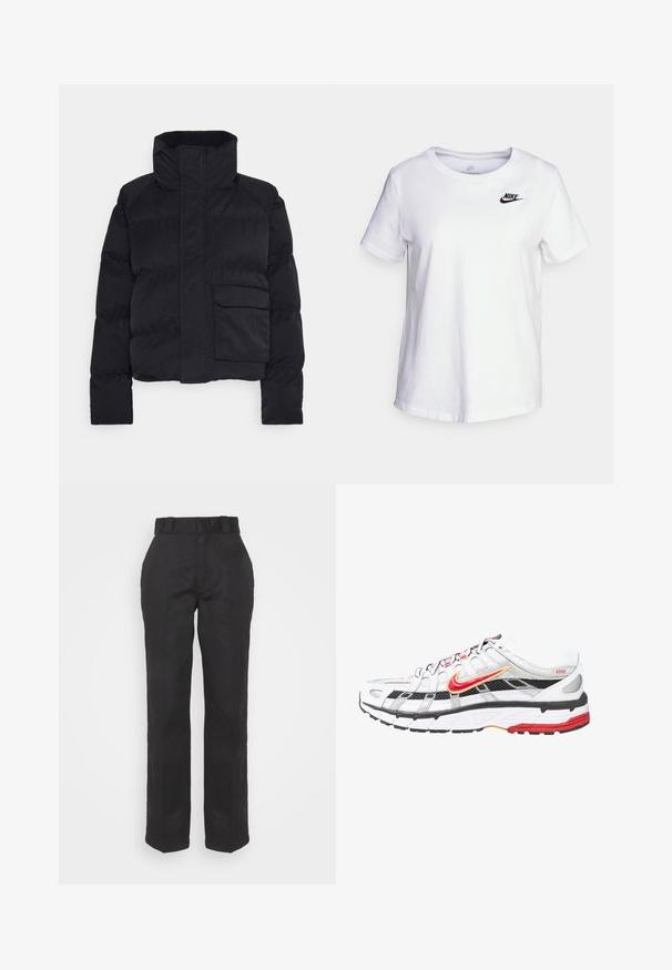 Zwarte pufferjack met een hoge halslijn, cropped ontwerp, lange mouwen en een voorzak. Gemaakt van glad, geïsoleerd materiaal.; Witte katoenen t-shirt met een ronde halslijn en korte mouwen. Bevat een zwart Nike-logo op de bovenlinker borst.; Zwarte broeken met een gladde textuur, recht gesneden ontwerp en een taille met riem. Heeft een eenvoudige, klassieke silhouet zonder extra patronen.; Witte en zwarte sportschoenen met rode en gouden accenten. Beschikt over een mesh bovenwerk, een gevoerde zool en een veilige vetersluiting.