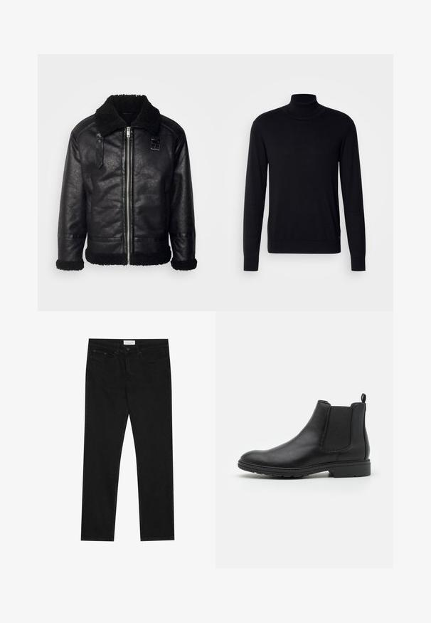 Lindbergh FAUX SHEARLING JACKET - Imiteret læderjakke - black; Sort tregnet trøje lavet af blødt stof. Har lange ærmer, ribbestrikket krave og manchetter, samt en glat overflade uden mønstre.; Sorte lige ben jeans med fem-lomme design, knap- og lynlåslukning samt et Pier One mærkeetiket på taljen.; Sort læder Chelsea-boot med elastiske sidepaneler og en løftestrop, der har en rund tå og en tekstureret gummisål.