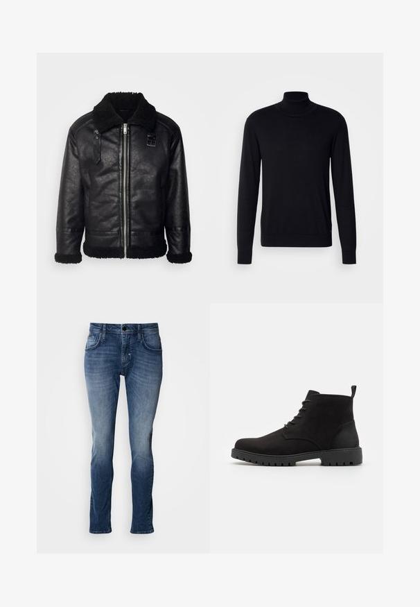 Lindbergh FAUX SHEARLING JACKET - Bunda z nepravej kože - black; Čierny rolák vyrobený z mäkkej látky. Má dlhé rukávy, rebrovaný golier a manžety, hladký povrch a žiadne vzory.; Modré džínsy z denimu s vybledlým povrchom, dizajn s piatimi vreckami, strih rovného nohavicu a detaily kontrastného šitia. Jednoduché zapínanie na gombík a zips.; Čierne semišové členkové boty s okrúhlym špičkou, šnurovací dizajn, gumová podrážka s dezénom a pútko na päte pre jednoduché obúvanie.