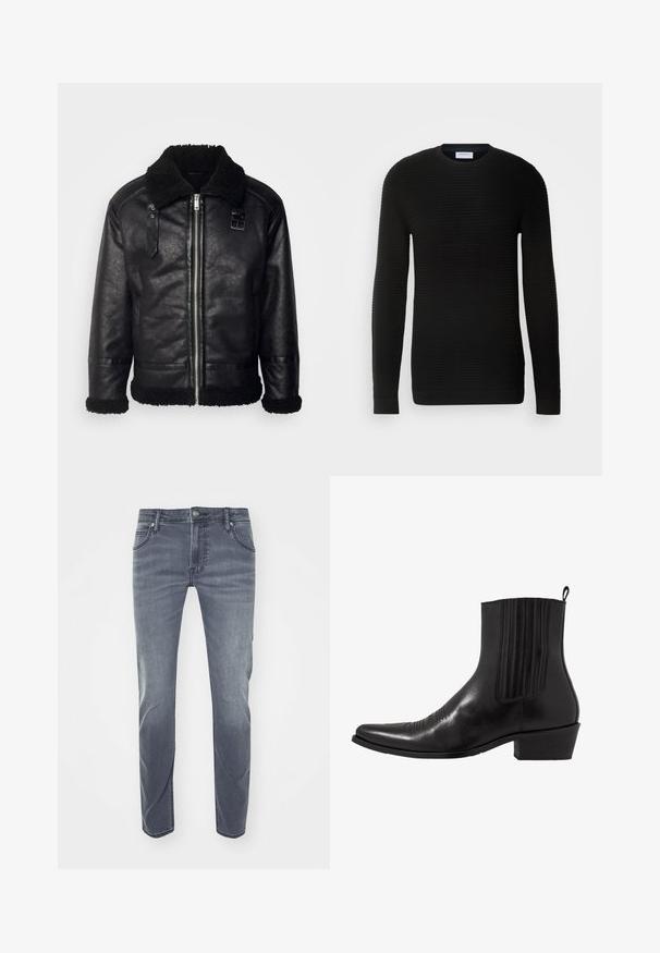 Lindbergh FAUX SHEARLING JACKET - Imiteret læderjakke - black; Sort langærmet sweater med ribbet tekstur, rund halsudskæring og tætsiddende manchetter. Fremstillet af et blødt, strækbart materiale.; Mørkeblå denimjeans med lige ben, subtil falming, bæltesløjfer, forlommer og et lille logo på livet.; Sort læder ankelstøvle med spids tå, elastiske sidepaneler, lodrette stikninger og en lav blokhæl.