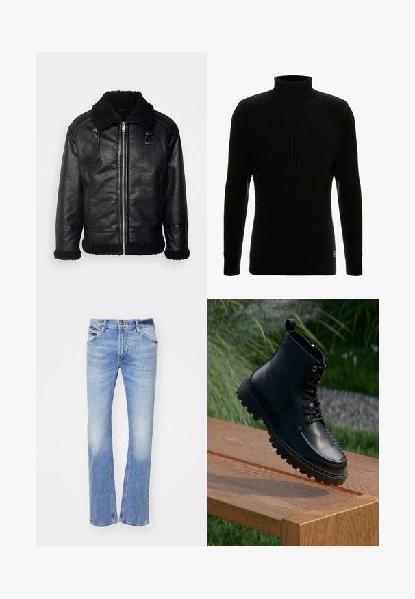 Lindbergh FAUX SHEARLING JACKET - Bunda z nepravej kože - black; Čierny rolák s dlhými rukávmi, rebrovanou textúrou, priliehavým strihom a malou značkovou nálepkou v dolnom ľavom rohu.; Světle modré denimové džíny s rovnýma nohavicama, které mají vyblednutí vpředu, klasický pětikusový design a zapínání na zip s knoflíkem.; Čierne kožené členkové topánky s hladkým povrchom, šnurovaním vpredu, hrubou ryhovanou podrážkou a pútkom. Položené na drevenej ploche.