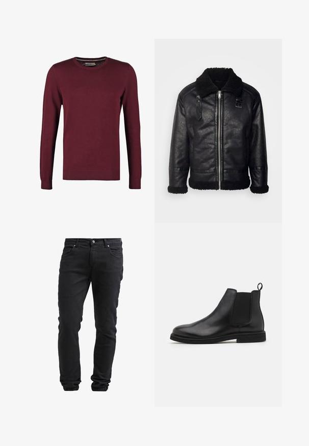 Lindbergh FAUX SHEARLING JACKET - Veste en similicuir - black; Pull en jersey bordeaux avec un col rond, fabriqué en tissu lisse, doté de manches longues et de poignets et ourlet côtelés pour une texture supplémentaire.; Jeans noirs ajustés avec fermeture à bouton et à glissière, cinq poches et poignets élastiques aux chevilles.; Bottines Chelsea en cuir noir avec panneaux élastiques sur les côtés et une languette. Bout arrondi et semelle en caoutchouc plate, mettant en valeur une finition lisse.