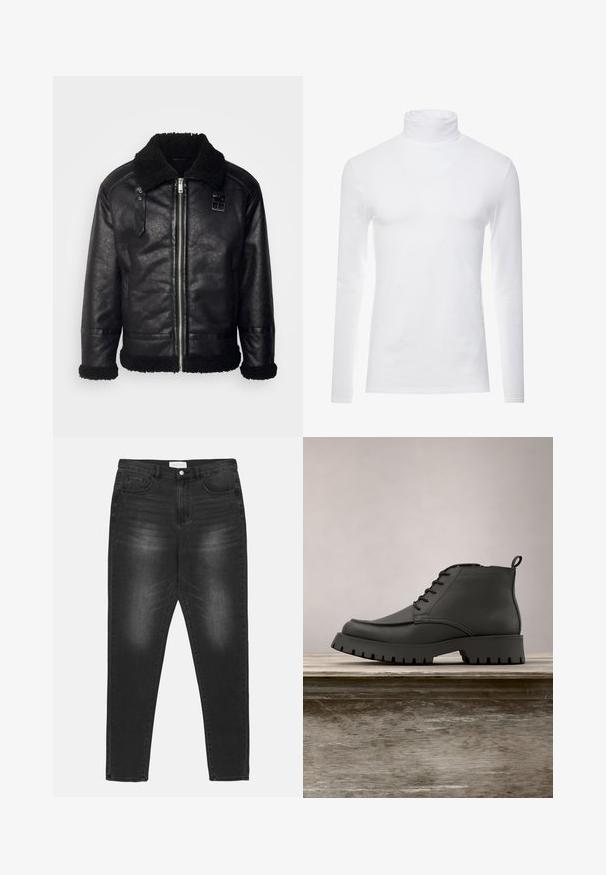 Lindbergh FAUX SHEARLING JACKET - Imitatieleren jas - black; Witte lange mouw turtleneck-shirt gemaakt van zachte, rekbare stof. Heeft een hoge kraag en een aangesloten ontwerp, wat zorgt voor een gestroomlijnde uitstraling.; Zwarte spijkerbroek van denim met een vervaagde wassing, hoge taille, vijf-pocket ontwerp en zilveren hardware. Rechte pijpen met contrasterende stiksels.; Zwarte leren enkelboot met een ronde neus, veters en een dikke, robuuste zool met diepe groeven. Verhoogd op een houten oppervlak.