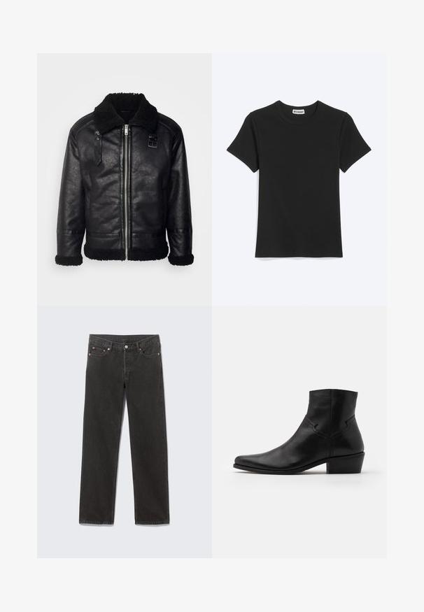 Lindbergh FAUX SHEARLING JACKET - Bunda z nepravej kože - black; Jednoduché čierne tričko s krátkym rukávom a okrúhlym výstrihom s označením značky Weekday vo vnútri goliera, zobrazené na bielom pozadí.; Čierne džínsy so strihom rovnej nohy, prednými vreckami, očkami na opasok a zapínaním na gombík, položené na sivej podložke.; Čierna koženková členková obuv s špicatou špičkou, minimálnymi švovými detailmi, stredne vysokým blokovým podpätkom a hladkým, lesklým povrchom.