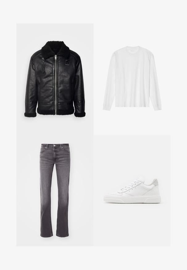 Lindbergh FAUX SHEARLING JACKET - Bunda z nepravej kože - black; Biele bavlnené tričko s dlhým rukávom a okrúhlym výstrihom, s rebrovanými manžetami a rovný lemom, hladkou textúrou a minimalistickým dizajnom.; Detail zadnej časti čiernych denimových džínsov s koženou nášivkou značky Lee a malou textilnou etiketu, nosené s vloženou bielou košeľou.; Biele kožené tenisky s hladkým povrchom, zaoblenou špičkou, plochými šnúrkami a textúrovanou podrážkou. Sivý semišový akcent na päte.