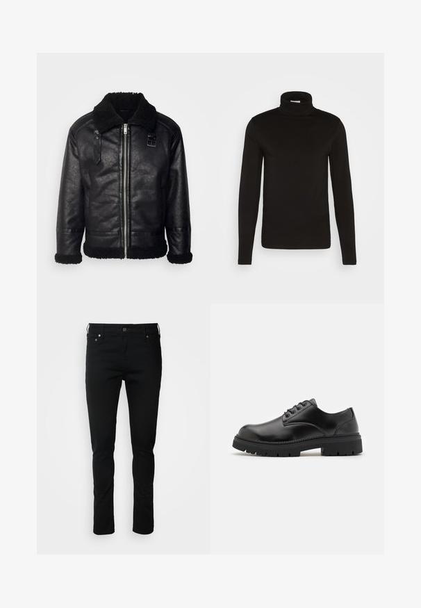 Lindbergh FAUX SHEARLING JACKET - Kunstnahast jakk - black; Musta kõrge kaelusega pikakäiste särk, mis on valmistatud sileda kangaga ja millel on keha lähedane lõige. Mustri või aktsentide puudumine.; Mustad denim püksid kitsas lõikega, varustatud luku ja vööaasadega, samuti eesmistest taskutest. Sile tekstuur, minimaalne detailitaseme, klassikaline disain.; Mustad mustad nahast jalanõud, millel on ümardatud varvas, paeltega disain ja paks, tekstuuriga kummitald. Omab äärte pikeeringut ja siledat viimistlust.