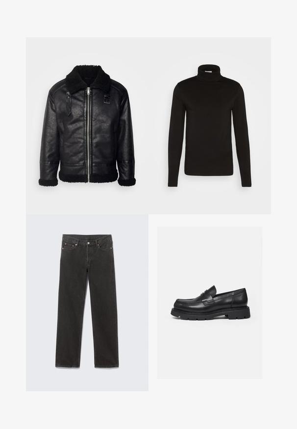 Lindbergh FAUX SHEARLING JACKET - Kunstlederjacke - black; Schwarz, langärmliges Turtleneck-Shirt aus einem glatten Stoff mit figurnaher Passform und hohem, enganliegendem Kragen. Keine sichtbaren Muster oder Akzente.; Schwarze Denim-Jeans mit geradem Bein, vorderen Taschen, Gürtelschlaufen und Knopfverschluss, flach auf einem grauen Hintergrund liegend.; Schwarzer Lederloafer mit dicker, profilierter Sohle und Pennyriemen-Detail, von der rechten Seitenansicht auf weißem Hintergrund gezeigt.