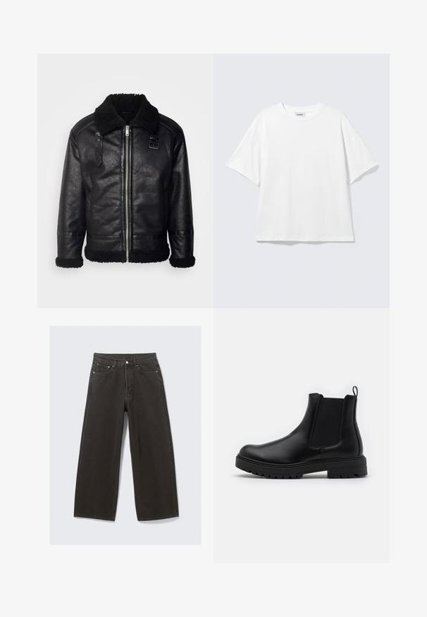 Lindbergh FAUX SHEARLING JACKET - Imitatieleren jas - black; Witte oversized T-shirt met korte mouwen, ronde hals en verlaagde schouders, plat op een lichtgrijze achtergrond.; Wijdbenige zwarte denim jeans hebben een hoge taille, vijf zakken en een knoopsluiting. De stof heeft een zachte, gestructureerde afwerking.; Zign by Zalando LEATHER - Lage laarzen - black