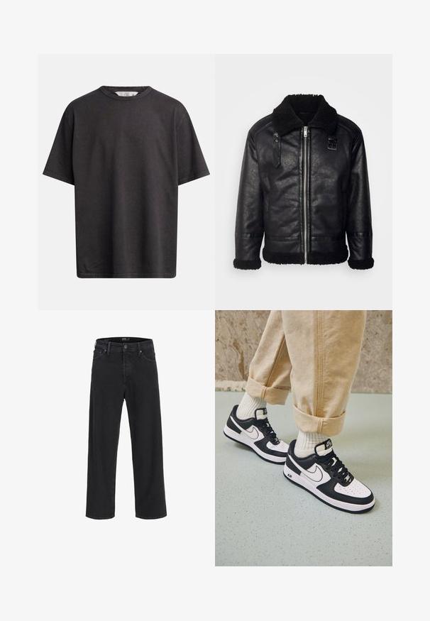 Lindbergh FAUX SHEARLING JACKET - Mākslīgās ādas jaka - black; Tumši pelēks kokvilnas t-krekls ar apaļu kakla izgriezumu, īsām piedurknēm un vaļēju piegriezumu ar redzamām šuvēm.; Melna klasisko taisno kāju džinsu bikses ar pogu un rāvējslēdzēju, jostas cilpas, kā arī priekšējām un aizmugurējām kabatām.; Melnbalti Nike Air Force 1 sporta apavi ar ādas aizmuguri, caurumiņu purngalu un strukturētu zoli, valkāti ar sarullētām beigu biksēm un baltām zeķēm.