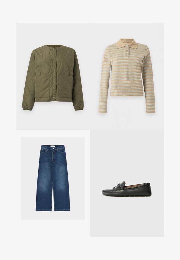 Veste matelassée vert olive avec boutons-pression sur le devant, encolure ronde, deux grandes poches avant et poignets élastiques aux manches longues.; Polo beige à manches longues avec des rayures blanches horizontales et deux boutons sur le col.; Jean en denim bleu taille haute à jambes larges avec bouton avant, fermeture éclair, passants de ceinture, cordon de serrage et détails délavés sur les cuisses.; Bateau en cuir noir avec un bout arrondi, des détails de couture, un petit accent en nœud et une semelle en caoutchouc. Texture lisse et design épuré.