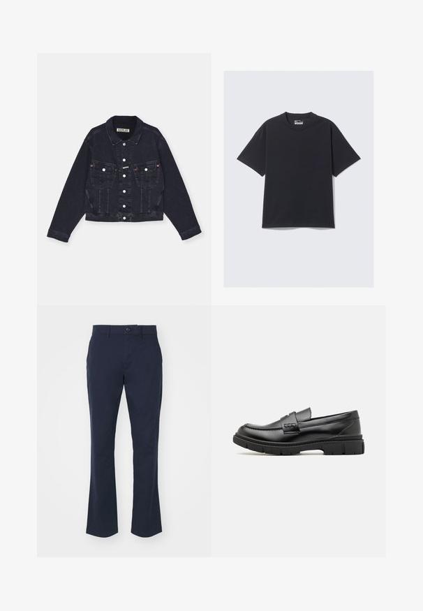 Veste en denim noir avec un col classique, fermeture à boutons sur le devant, deux poches poitrine et des détails de couture subtils. Design court, manches longues.; T-shirt en coton noir avec un col rond classique, des manches courtes et une coupe décontractée. Texture lisse avec un minimum de détails de couture.; Pantalon navy en tissu coton mélangé, avec une coupe droite, une taille standard avec fermeture à bouton et des poches latérales.; Mocassin en cuir noir avec une large sangle sur le devant, semelle en caoutchouc à épaisse rainure, et texture lisse. Design classique et élégant.