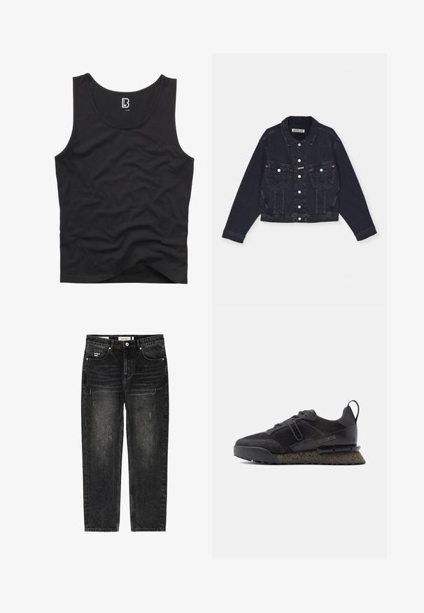 Schwarze Jeansjacke mit klassischem Kragen, vorderer Knopfleiste, zwei Brusttaschen und dezenten Steppdetails. Beschnittenes Design, lange Ärmel.; Schwarzes Tanktop aus glattem Stoff, mit einem runden Ausschnitt und Armöffnungen, in einem schlichten Design ohne sichtbare Muster oder Akzente.; Schwarz gewaschene Jeans mit geradem Bein, leichter Used-Optik, Fünf-Taschen-Stil, Knopfverschluss und "Project Blue"-Etikett auf der vorderen Tasche.; Schwarze Sneaker aus einer Mischung aus Mesh und Wildleder, mit einer klobigen, gesprenkelten Sohle und dicken Schnürsenkeln, die ein modernes Design zeigen.