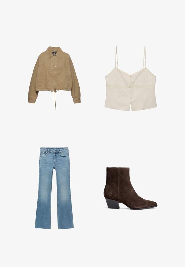 Beige kort jakke med krave, forreste trykknapper, lange ærmer, sidelommer og justerbar snøre i kanten.; Beige cropped camisole med tynde justerbare stropper, blondekant og knaplukning foran.; Lysblå denim flared jeans med mellemhøj talje, der har forlommer, knaplukning og subtile falmninger på lårerne.; Brune ruskind ankelstøvler med spidse tæer, mellemhøj blokhælt og minimal syning for et elegant udseende.