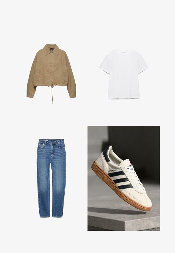 Beige kort jakke med krave, forreste trykknapper, lange ærmer, sidelommer og justerbar snøre i kanten.; Hvid, kortærmet T-shirt med rund hals og lige kant, vist på en hvid baggrund.; Blå denim jeans med lige ben design, fem-lomme stil og høj talje. Har let falmede områder og kontrasterende syning.; Hvide ruskinds sneakers med marineblå striber, gummisål, struktureret overdel, rund tå og snøring; har branding på siden og tungen.