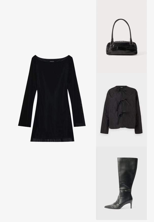 Schwarze gesteppte Jacke mit langen Ärmeln und drei vorne gebundenen Schleifen, versehen mit einem wellenförmigen Steppmuster und rundem Ausschnitt.; Schwarzes langärmliges Kleid mit schulterfreiem Dekolleté, glatter Textur und fließender Silhouette. Verfügt über transparente Details am Saum.; Schwarze kniehohe Lederstiefel mit schlankem Absatz, spitz zulaufender Spitze und Riemendetails am Knöchel. Glatte Textur und eng anliegendes Design.; Schwarze Lederhandtasche in rechteckiger Form, mit einem stabilen Griff, silbernem Zubehör und Reißverschluss. Glatte Textur.