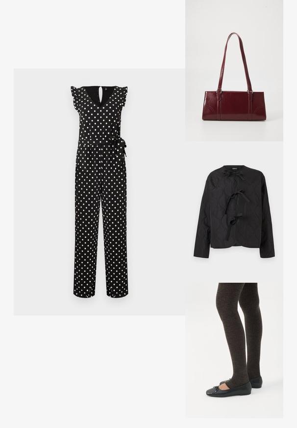Veste matelassée noire à manches longues avec trois nœuds noués sur le devant, présentant un motif ondulé cousu et un col rond.; Combinaison noire sans manches à pois blancs, col en V, épaules volantées et ceinture nouée à la taille.; Jambes portant des leggings côtelés foncés associés à des ballerines noires avec de petits détails en nœud sur fond blanc.; Sac à main bordeaux en matériau brillant, de forme rectangulaire, avec deux anses et des accents légèrement courbés à l'avant.