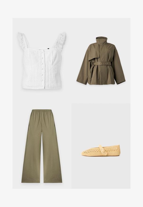 Veste ceinturée vert olive avec col montant, rabat asymétrique à l’épaule et larges manches longues, présentée sur un fond uni.; Haut court sans manches blanc avec boutons à l'avant, plis verticaux et bretelles bordées de dentelle.; Pantalon large vert olive avec taille élastique, devant plat et sans poches visibles, présenté sur un fond blanc.; Chaussure plate au crochet jaune avec un bout pointu, une sangle décorative et une boucle circulaire. Elle possède un motif en maille ouverte pour la respirabilité.