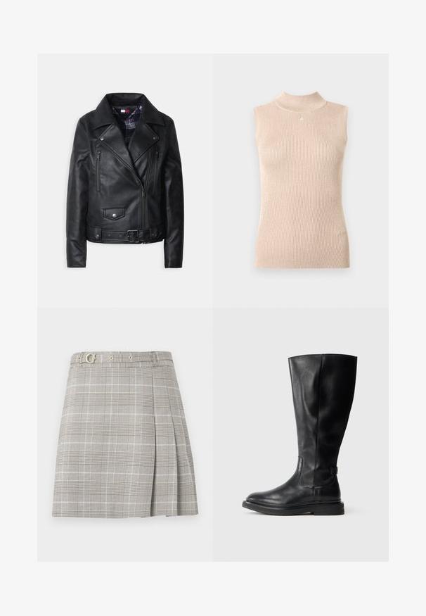 Veste de moto en cuir noir avec fermeture éclair sur le devant, deux poches sur la poitrine, boutons pression et doublure à carreaux.; Haut sans manches à col montant en maille côtelée beige doux. Présente un léger éclat, une forme ajustée et un petit logo au niveau de l'encolure.; Jupe écossaise grise avec un design plissé, des passants pour ceinture et une fermeture latérale à boutons. Confectionnée dans un tissu à la texture lisse.; Botte noire en cuir, montant jusqu'au genou, avec un bout rond, un-dessus légèrement texturé et une semelle en caoutchouc. Équipée d'un panneau latéral pour un enfilage facile.