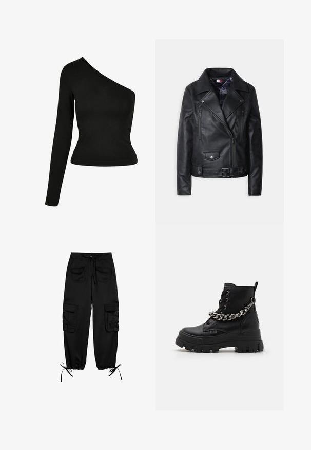 Veste de moto en cuir noir avec fermeture éclair sur le devant, deux poches sur la poitrine, boutons pression et doublure à carreaux.; Haut à manches longues noir avec un col asymétrique. Fabriqué en tissu lisse, design ajusté et ourlet arrondi. Pas de motifs ni d'ornements.; Pantalons cargo noirs en tissu doux, avec une taille à cordon de serrage, deux poches avant et deux poches latérales avec rabats à bouton. Manches ajustables.; Bottines noires en cuir texturé, avec une semelle épaisse, un détail de chaîne proéminent sur le côté et des lacets ronds.