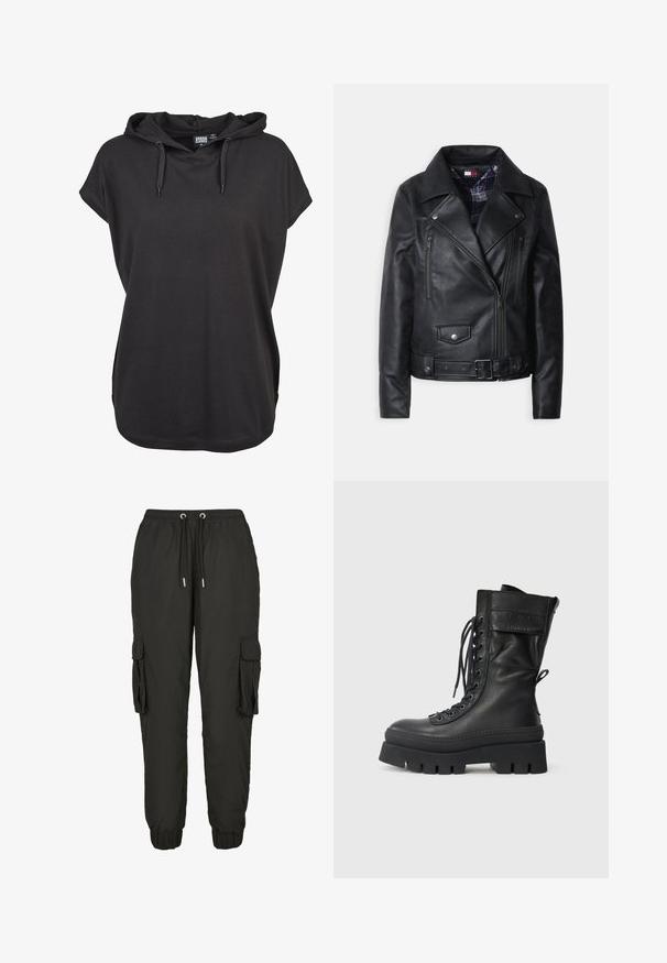 Zwarte leren motorjack met een ritssluiting aan de voorkant, twee borstzakken, drukknopaccenten en een ruitvoering.; Zwarte hoodie t-shirt met korte mouwen, gemaakt van zachte stof. Heeft verstelbare trekkoorden en een relaxte fit. Eenvoudig ontwerp, geen patronen.; Zwarte cargobroek van lichtgewicht materiaal, met een elastische tailleband, verstelbaar trekkoord, zijzakken en geribbelde manchetten.; Zwarte leren combatboot met hoge schacht, vetersluiting, textuuraccenten, dikke zool en gestikte details. Voorzien van een achterste handvat.