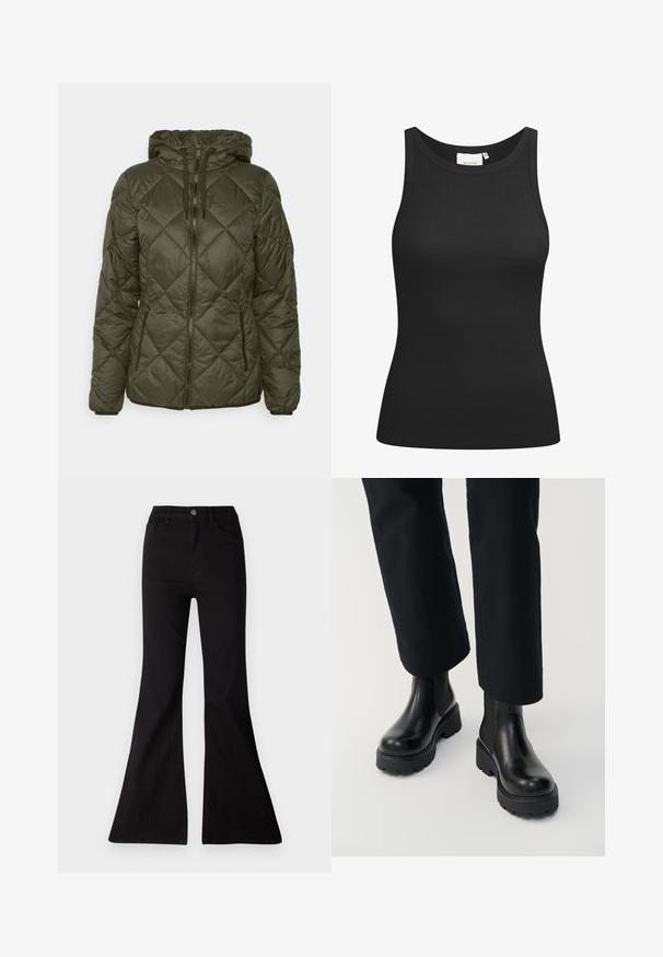 Olivgrüne, voluminöse Jacke mit einem diamantgequilten Muster, Kapuze, Frontreißverschluss und Seitentaschen. Hergestellt aus einem glatten synthetischen Material.; Schwarzes Tanktop aus Rippstoff mit Rundhalsausschnitt und figurbetonter Passform. Flache Nähte und keine Verzierungen. Einfaches und elegantes Design.; Schwarze weite Jeans aus Denim, mit hoher Taille, Fronttaschen und einer großen Öffnung am Hosenbund für eineweite Beinform.; Person trägt schwarze Leder-Stiefeletten mit klobiger Sohle, kombiniert mit schwarzen Straight-Leg-Hosen vor weißem Hintergrund.