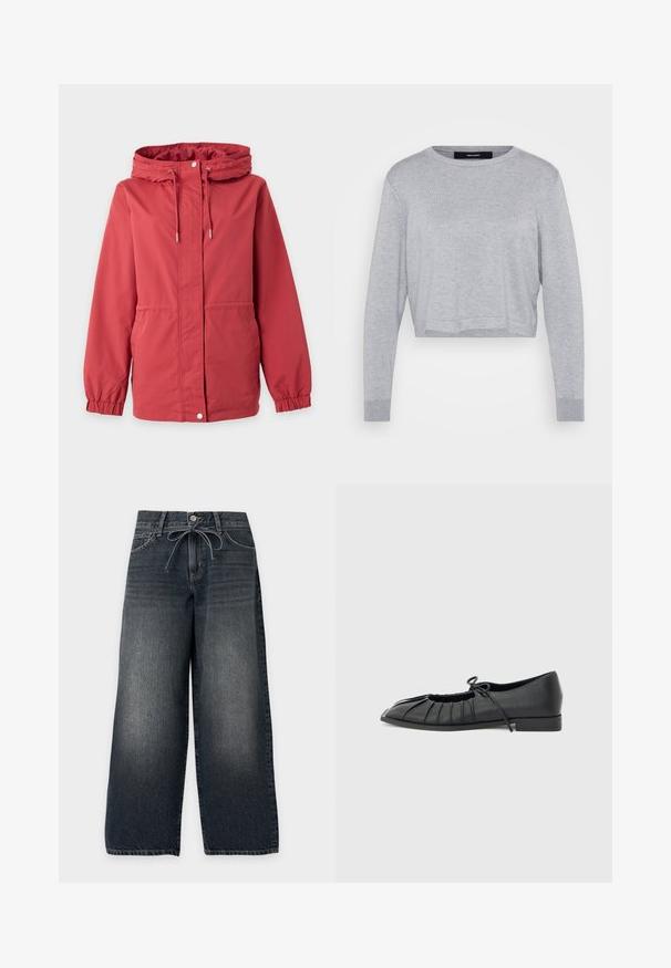 Veste rouge à capuche avec fermeture éclair à l’avant, bouton-pression, cordon de serrage à la capuche, poignets élastiques et poches latérales sur un fond uni.; Sweater court gris clair avec un col rond, des manches longues, des poignets côtelés, et une finition douce et texturée.; Jean denim gris foncé à jambes larges avec boutons sur le devant, poches avant et cordon noué à la taille.; Chaussure plate noire avec design plissé à l'avant et un nœud noué sur le dessus, petit talon, et texture lisse sur un fond gris clair.