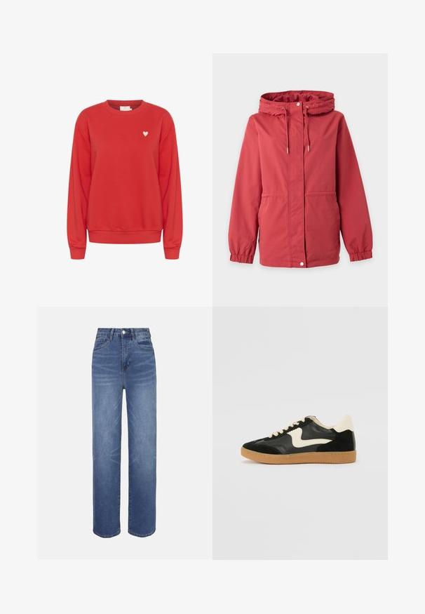 Veste rouge à capuche avec fermeture éclair à l’avant, bouton-pression, cordon de serrage à la capuche, poignets élastiques et poches latérales sur un fond uni.; Sweatshirt rouge en tissu doux, avec un col rond, des manches longues et un petit logo en forme de cœur blanc sur la poitrine.; Jean en denim bleu clair à taille haute, coupe droite, style cinq poches, avec des détails de décoloration subtils sur l'ensemble du tissu.; Baskets en daim et cuir noir avec un swoosh latéral crème et un talon crème clair. Dotées de lacets beige et d'une semelle en caoutchouc gomme.